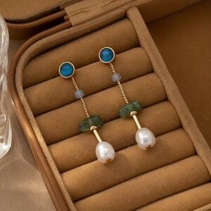 Green Blue Pearl and Gold Drop Earrings